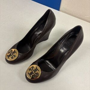 Tory Burch Brown Leather Wedge Pumps with Gold Logo